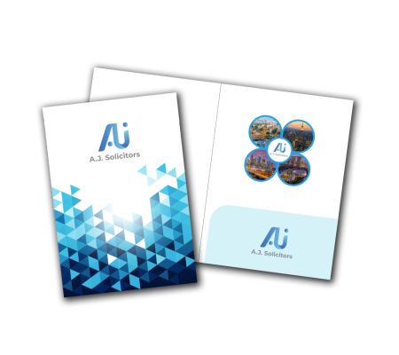 A.J. Solicitors presentation folders with geometric blue design.